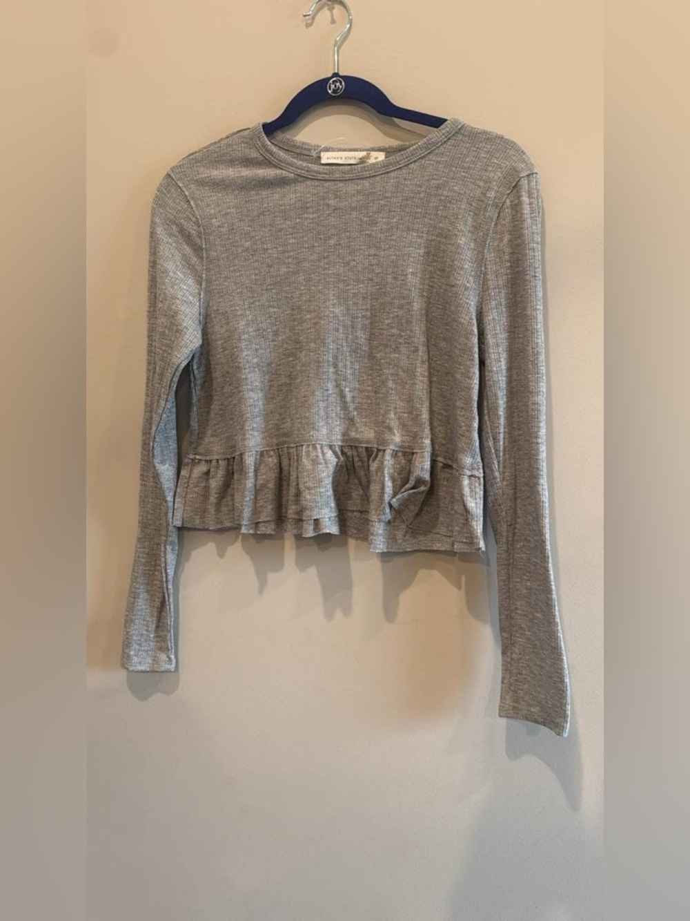 Altar'd State Gray Ruffled Hem Long Sleeve Top